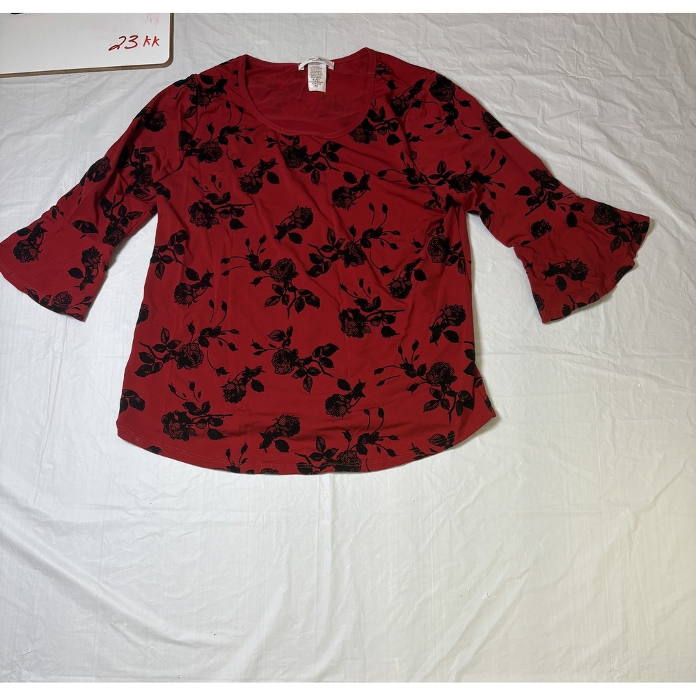 Womens Rue Juju red/black 3/4 bell sleeve floral bouse Petite Small‎ PS